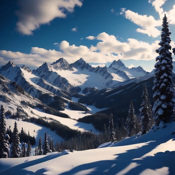 Beautiful winter landscape with snow covered mountains and blue sky. generative ai