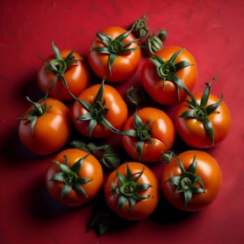 Fresh red tomatoes on a red background, top view, close-up. generative ai