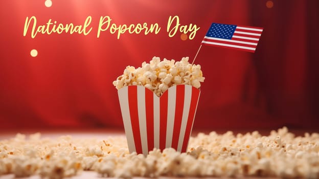 National Popcorn Day Postcard With Text, Celebration Favorite Popcorn Snack. Greetings Card. Paper Cup, Red Striped Bucket With Popcorn And USA American Flag. Ai Generated. Horizontal Plane.