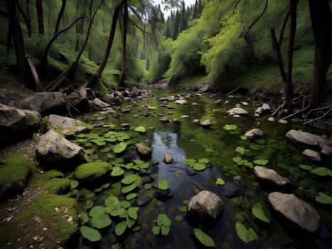 Mountain stream in the green forest. Nature composition. Beauty in nature. generative ai