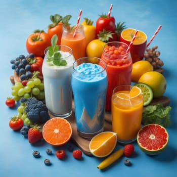 Variety of fresh fruit and berry smoothies in glasses on blue background. generative ai