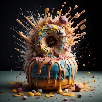 Colorful donut with glaze and sprinkles on black background. generative ai