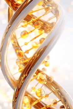A dazzling and intricate golden and silver DNA strand, shot through radiant light, conjuring visions of scientific discovery and medical marvels - AI generative