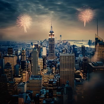 happy new year fireworks celebrating over cityscape at night High quality image