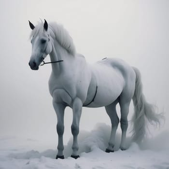 White stallion in a snowy field. Shot in a studio. generative ai