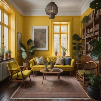 Interior of living room with yellow walls, wooden floor, yellow sofa and armchairs. generative ai