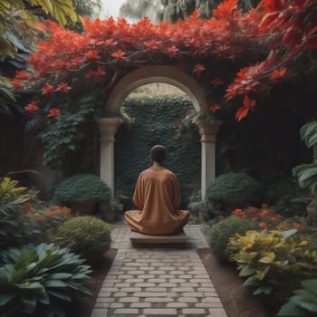 A monk sitting in a meditation pose in a beautiful garden with flowers. generative ai