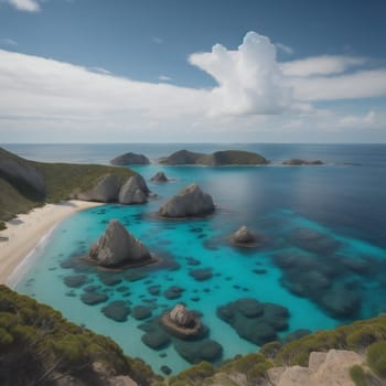 Aerial view of a beautiful beach with rocks and turquoise water. generative ai