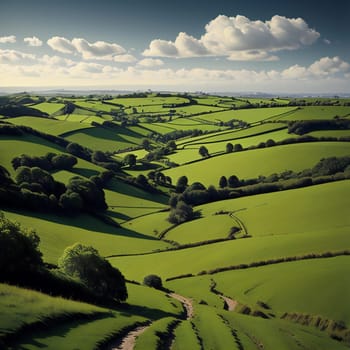 Aerial view of countryside in the Peak District National Park, generative ai