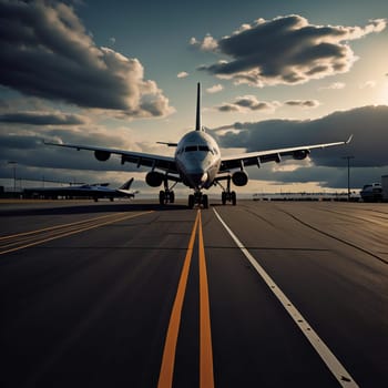 Airplane on the runway in the airport at sunset. Business travel concept. generative ai