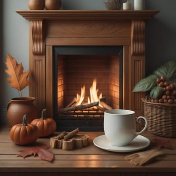 Autumn still life with a cup of coffee on a wooden table in front of a fireplace. generative ai