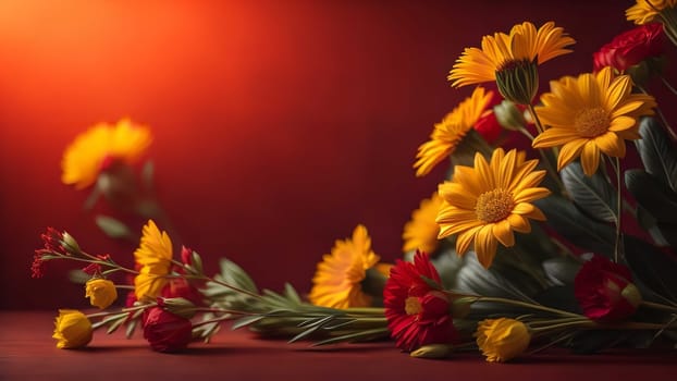 Beautiful bouquet of yellow and red flowers on a red background. generative ai