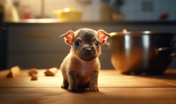 Small Cute Brown Puppy, Baby Dog Sitting At Kitchen. Adorable Curious Unpedigreed Pet. Full Length. Ai Generated. Horizontal Plane. High quality photo