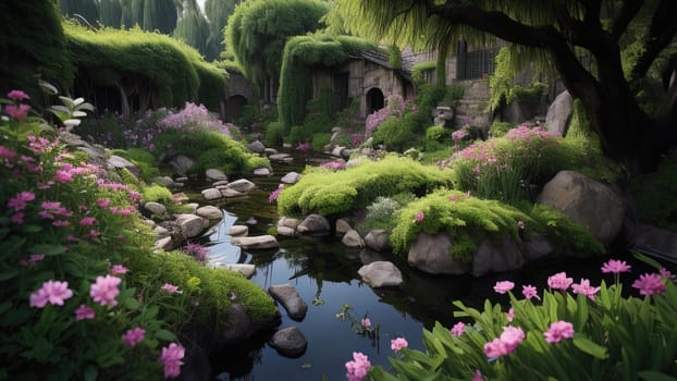 Beautiful flower garden in japanese style with pond and stone. generative ai