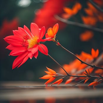 Beautiful red dahlia flowers on the background of autumn leaves. generative ai