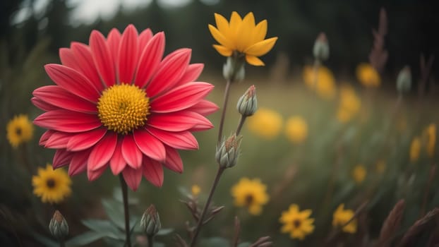 Beautiful red daisy flower in the garden with blurred background. generative ai