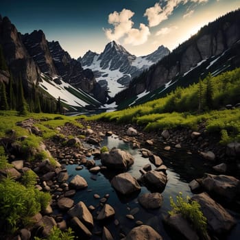 Beautiful summer landscape with mountain lake and snow-capped peaks. generative ai