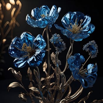 Blue poppies in a glass vase on a black background. generative ai