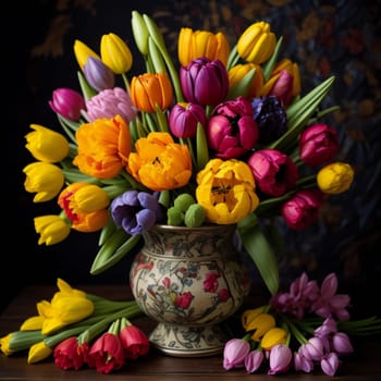 Bouquet of tulips in a vase on a dark background. generative ai