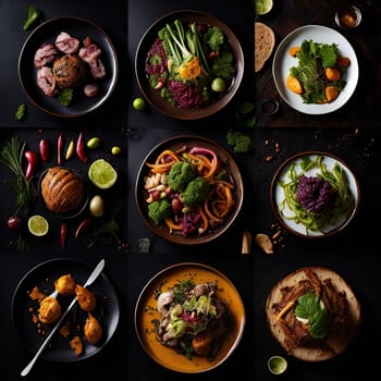 Collage of different salads and food on black background, top view. generative ai