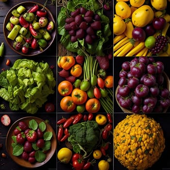 Collage of fresh fruits and vegetables. Healthy food concept. Top view. generative ai