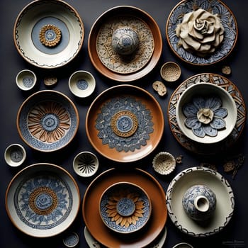 Collection of ceramic plates and bowls on dark background. Top view. generative ai