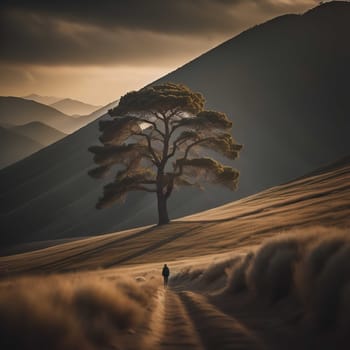 Conceptual image of a lonely man walking on a path in the hills. generative ai