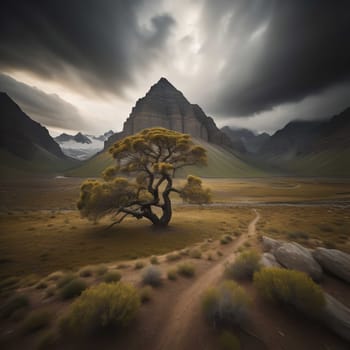 Dramatic landscape with a lonely tree and mountains in the background. generative ai