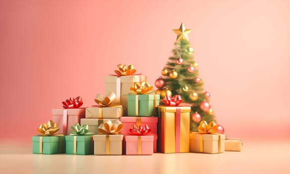 Postcard Green Christmas Tree, Pine with Golden Ball Toys, Decorations And Gift Boxes, Presents on Pink, Pastel Background. Minimalism. New Year Celebration, Template. AI Generated. Horizontal Plane