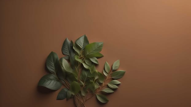 Green leaves on brown background. Flat lay, top view, copy space. generative ai