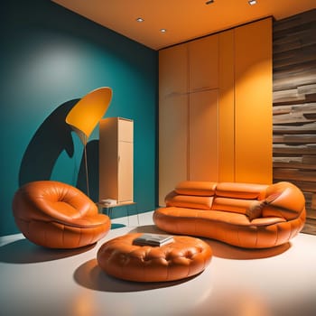 Interior of modern living room with orange walls, concrete floor, orange leather sofa and coffee table. generative ai