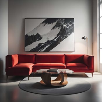 Interior of modern living room with red sofa, coffee table and picture on wall. generative ai
