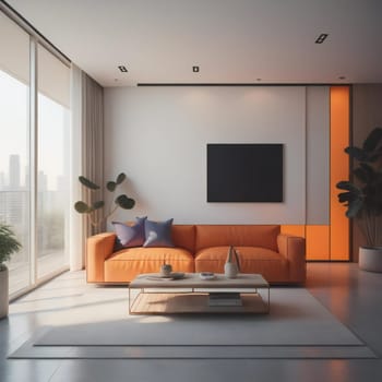 Living room interior with orange sofa, coffee table and city view. Mock up, generative ai