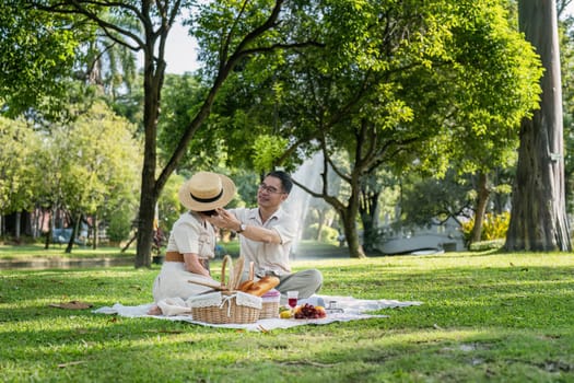 elderly married couple retired have a picnic together in the park. senior retired conceptual.