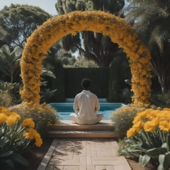 Man meditating in lotus position in the garden with flower arch. generative ai