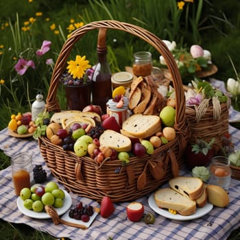 Picnic basket with fruit and wine on the grass in the garden. generative ai