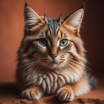 Portrait of a Maine Coon cat in front of brown background. generative ai