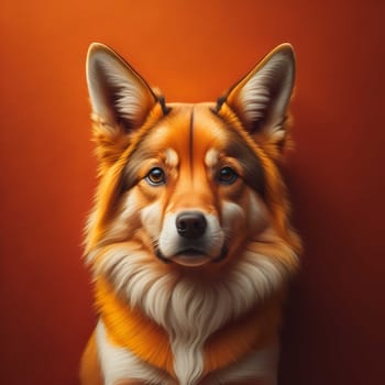 Portrait of a beautiful corgi dog on a red background. generative ai