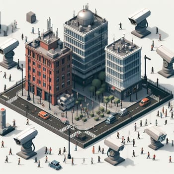 15 minute city isometric map, crowd, transport, building, security, cameras, drone and bot police, limited freedom generative ai art