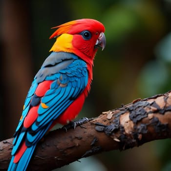 beautiful Scarlet macaw bird sitting on a branch in the forest. generative ai