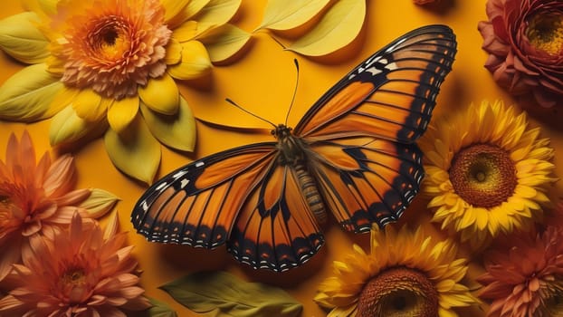 butterfly and gerbera flowers on orange background, top view. generative ai