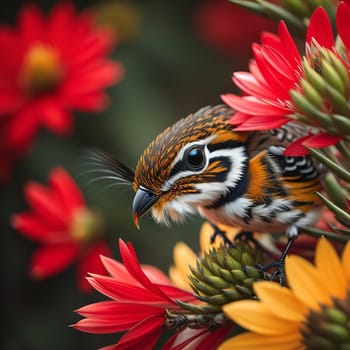 close up shot of a beautiful bird on a red flower with blurred background. generative ai