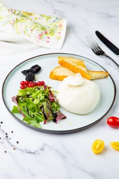 mozzarella with spinach, cherry tomatoes, wild berries and bread