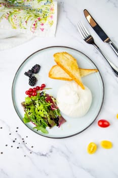 mozzarella with spinach, cherry tomatoes, wild berries and bread