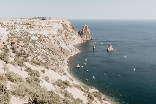 Aerial panoramic view of beautiful sunset above sea. Beautiful seascape. Sun glare, small waves on the water surface. Evening. Horizon. Nobody. No people. Copy space. Never-ending beauty of nature