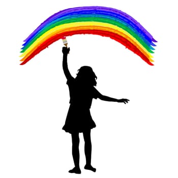 Silhouette of a girl paints rainbow 