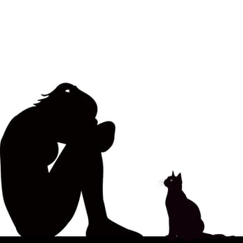 Sad woman silhouette with cat