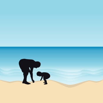 Father together with his toddler collect seashells on the seashore