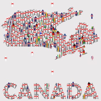 A large group of people in the shape of the map of Canada. Crowd of people dressed in Canadian flag and other word flags, globalization concept