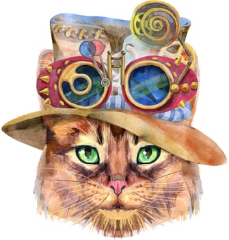 Cute cat in a steampunk hat with goggles. Cat for t-shirt graphics. Watercolor Somali cat breed illustration